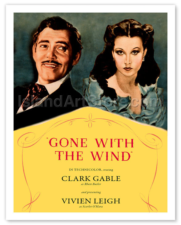 Poster of Gone with the Wind featuring Clark Gable and Vivien Leigh above a yellow section with the film&rsquo;s title and cast details.