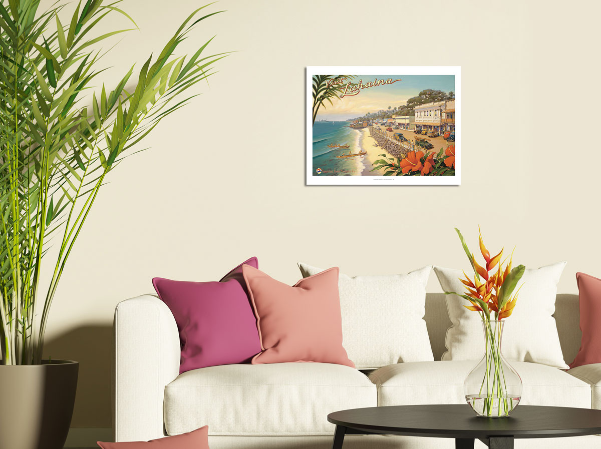 Vintage Hawaii beach travel poster displayed on a living room wall above a sofa