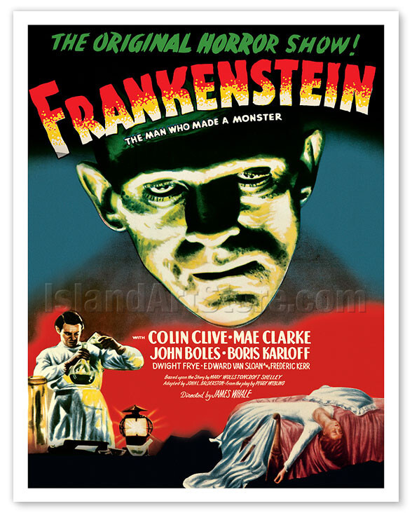 Vintage horror movie poster with a green-tinted face looming above laboratory scenes and bold text reading “Frankenstein.”