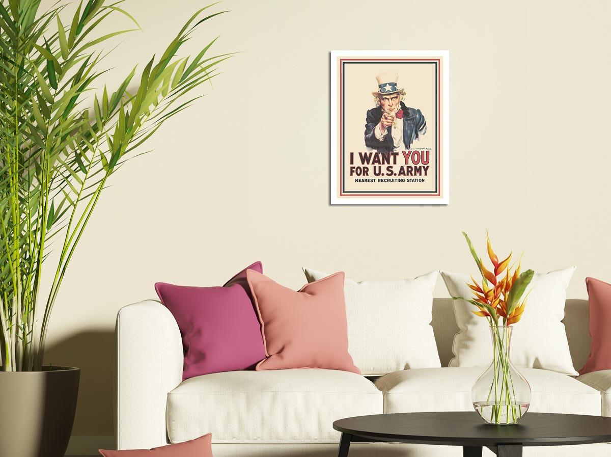 Vintage World War I U.S. Army recruitment poster featuring Uncle Sam pointing forward with the message &ldquo;I Want YOU for U.S. Army &ndash; Nearest Recruiting Station.&rdquo;