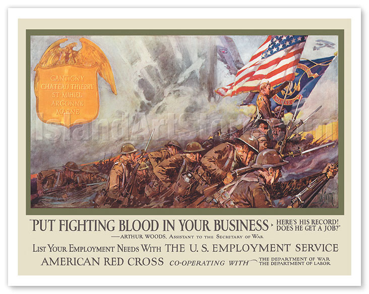 World War I poster showing U.S. soldiers charging forward under the American flag.