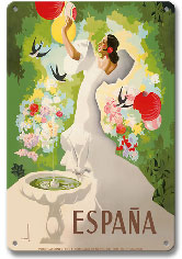 España (Spain) - Flamenco Dancer with Fountain and Birds - Metal Sign Art