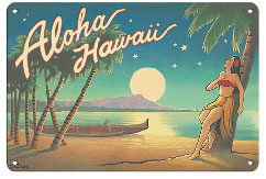 Aloha Hawaii - Full Moon over Diamond Head - Metal Sign Art
