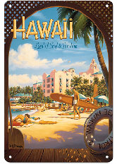 Hawaii, Land of Surf & Sunshine - Waikiki Beach - The Royal Hawaiian Hotel (Pink Palace of the Pacific) - Metal Sign Art